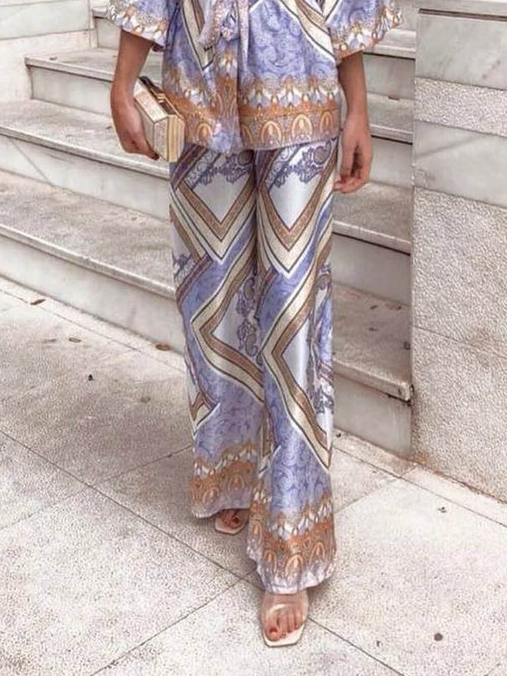 Elegant Unique Pattern Print Elastic Waist Loose Straight Pants