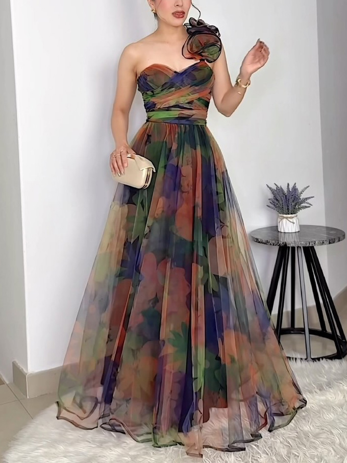 Elegant Tulle Floral Print One Shoulder Neck Maxi Dress