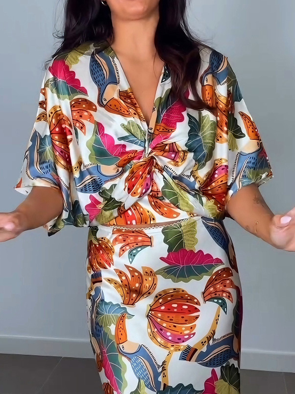 Exquisite Tropical Fruit Print Satin Short Shirt
