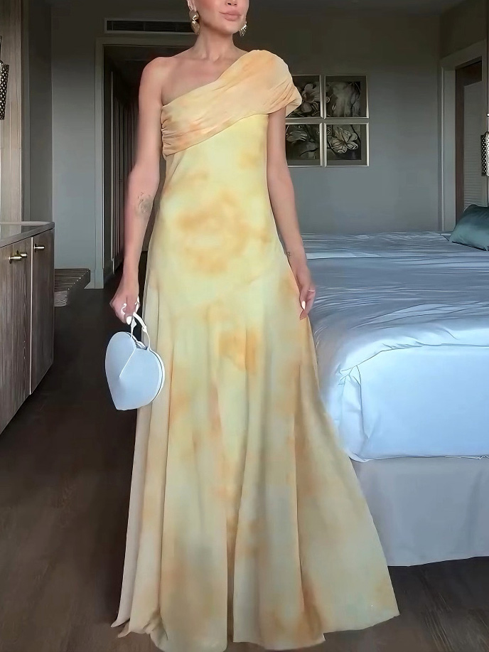 Tie-Dye Mesh Print One-Shoulder Sleeve Maxi Dress