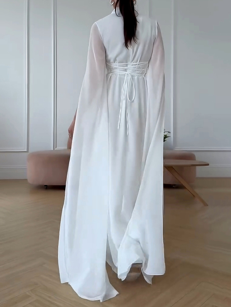 Elegant Small Stand Collar Chiffon Sleeves Maxi Dress