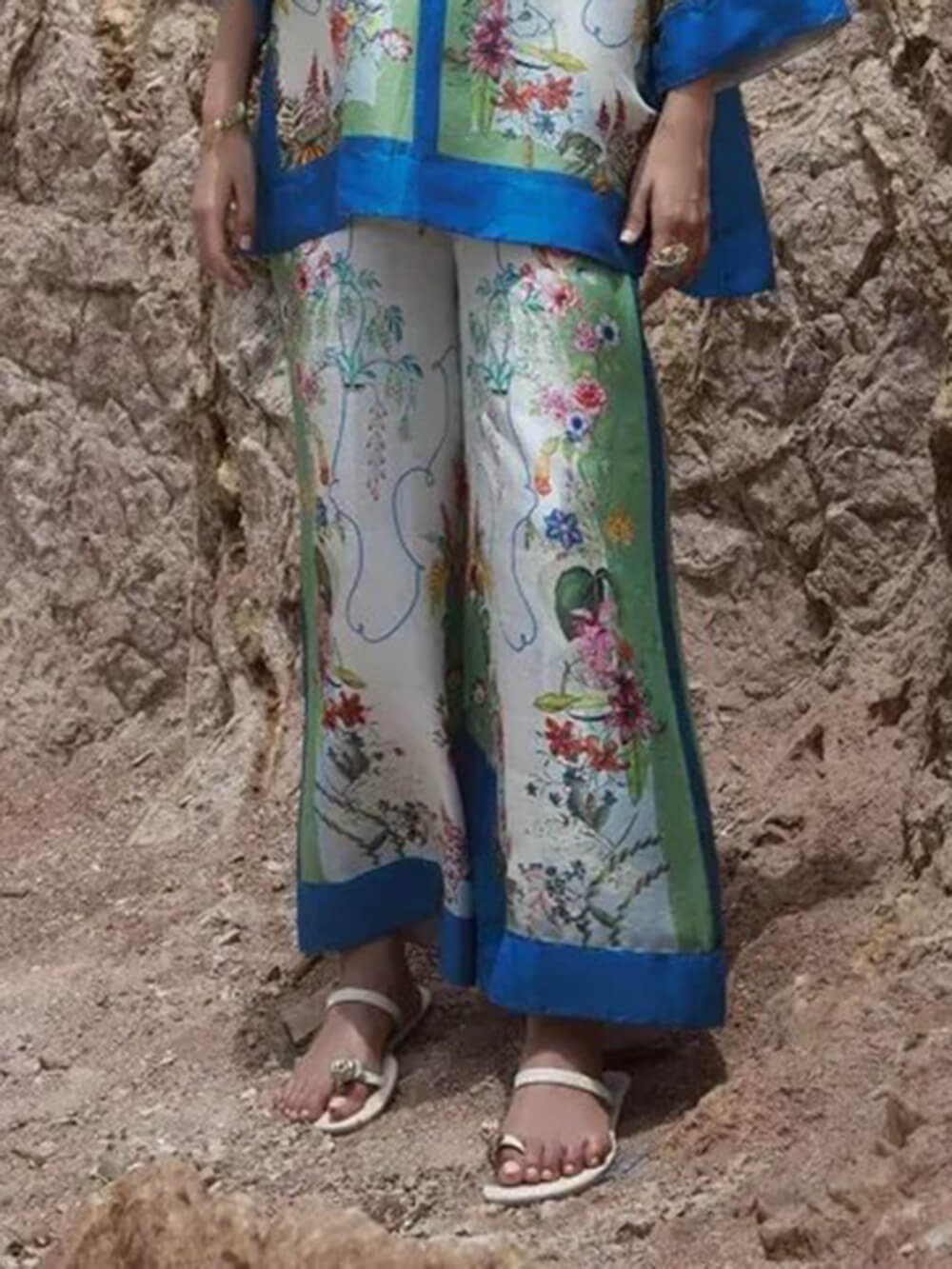 Modern Satin Floral Patchwork Wide-Leg Pants