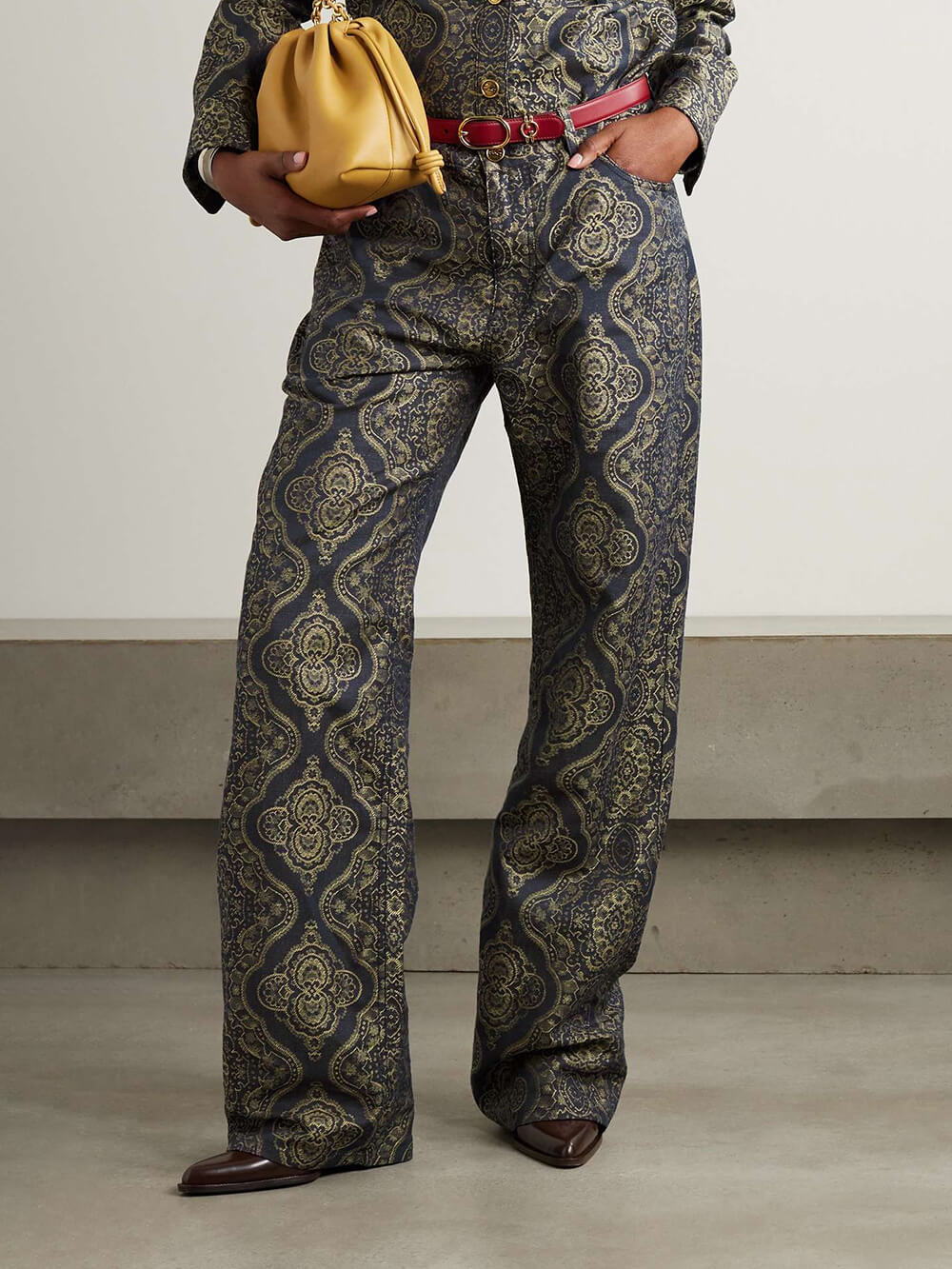 Retro Ethnic Print Denim Jacquard Button-Up Shirt