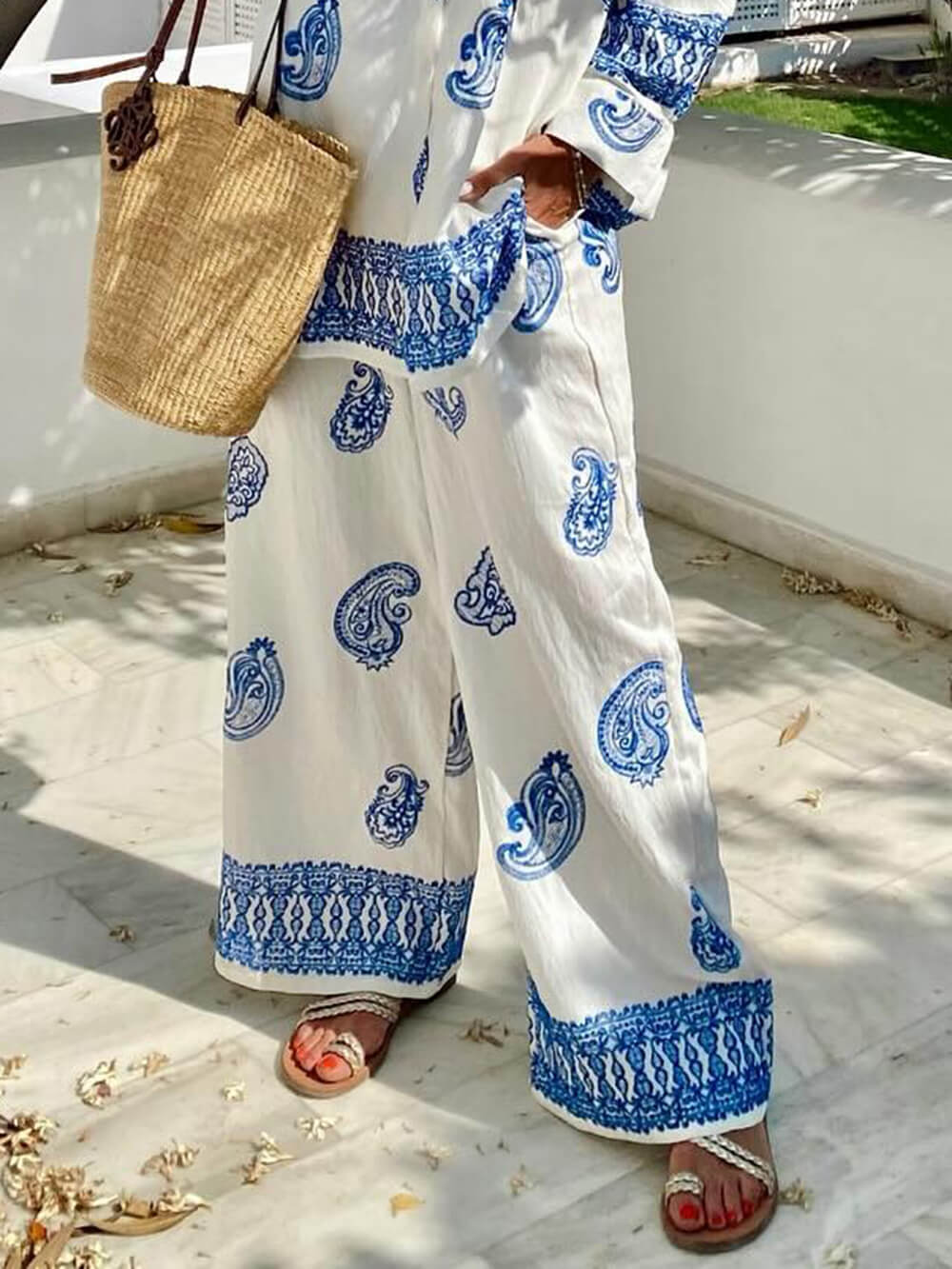 Unique Ethnic Pattern Print Loose Elastic Waist Pocket Wide-Leg Pants