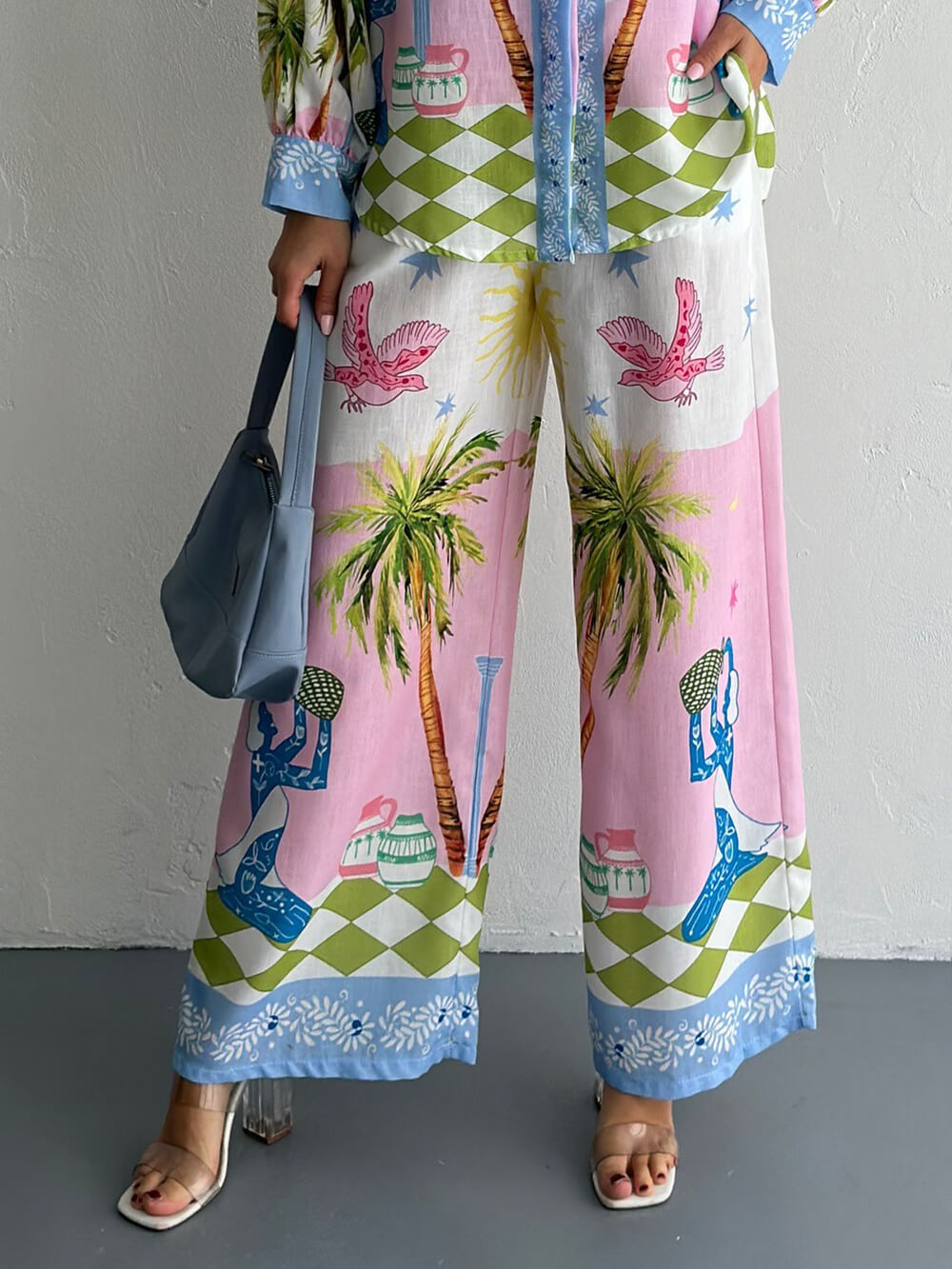 Unique Coastal Palm Tree Print Wide-Leg Pants