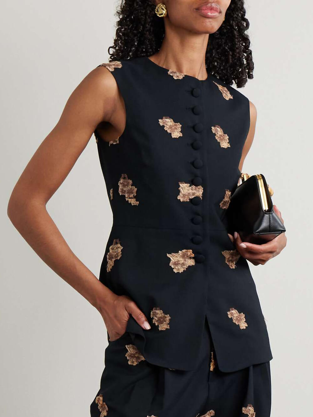 Classic Pleated Floral Jacquard Metallic Button-Down Vest Top