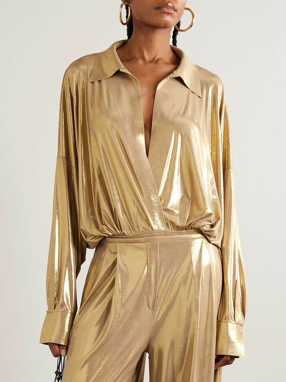 Elegant Stretch Ruched Collared Bodysuit