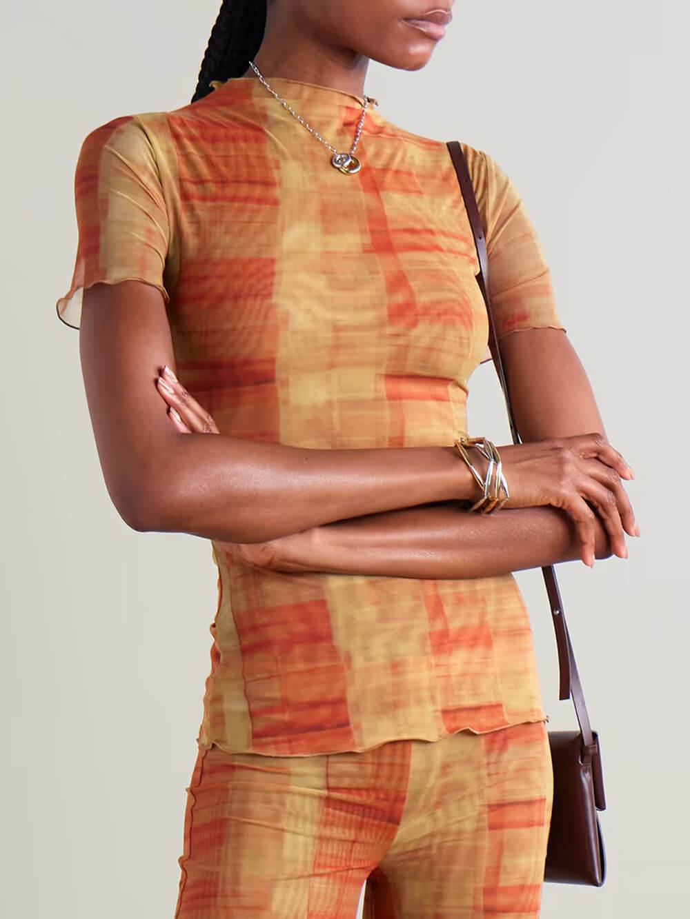 Unique Plaid Print Stretch Mesh Straight-Leg Pants