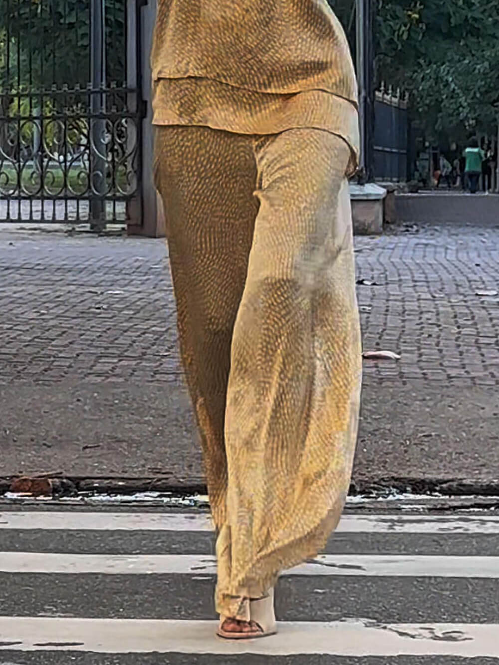 Unique Artistic Print Flow Satin Elastic Waist Wide-Leg Pants