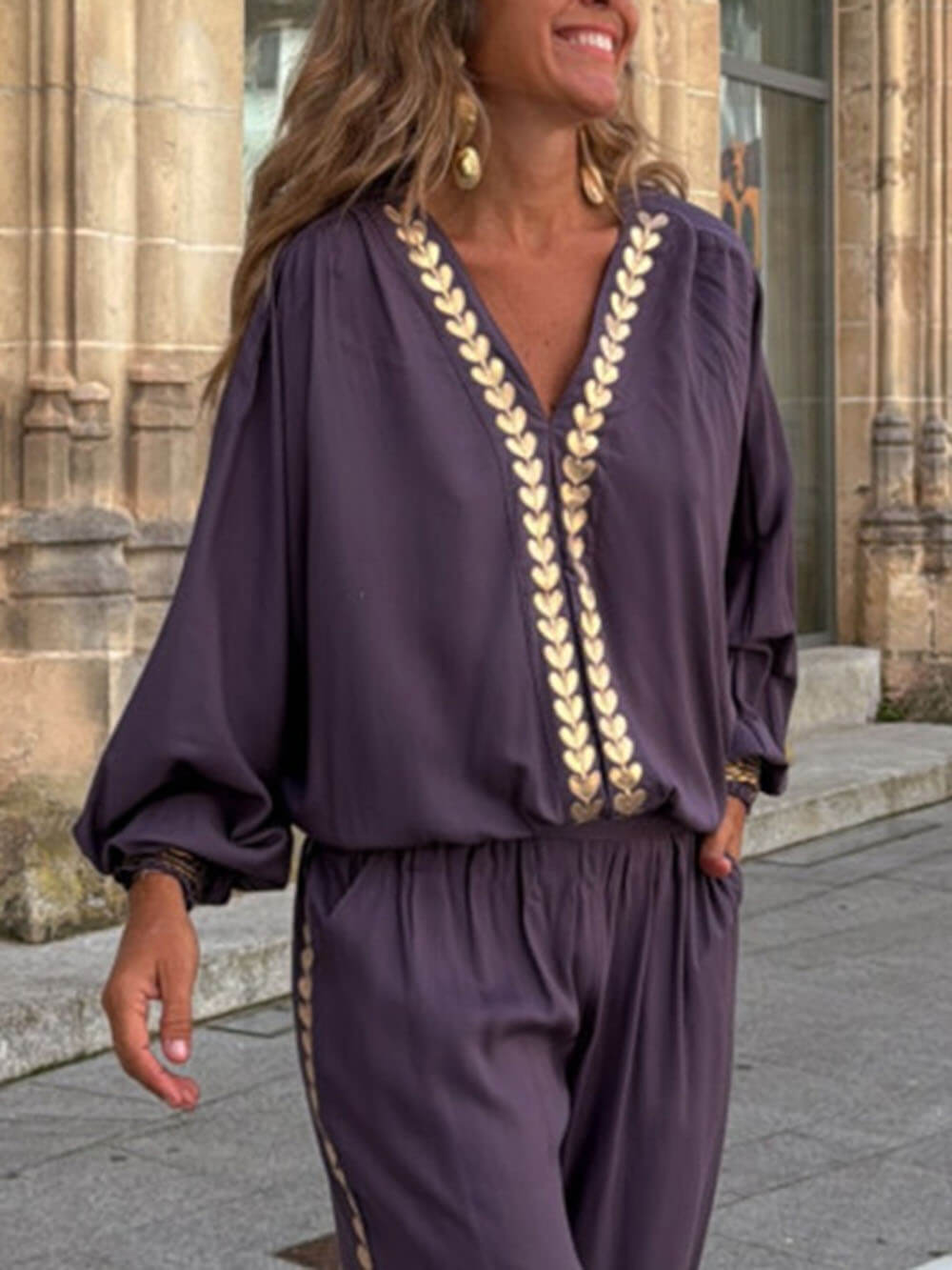 Modern Feel Unique Gold Trim And Elastic Cuffs V-Neck Top