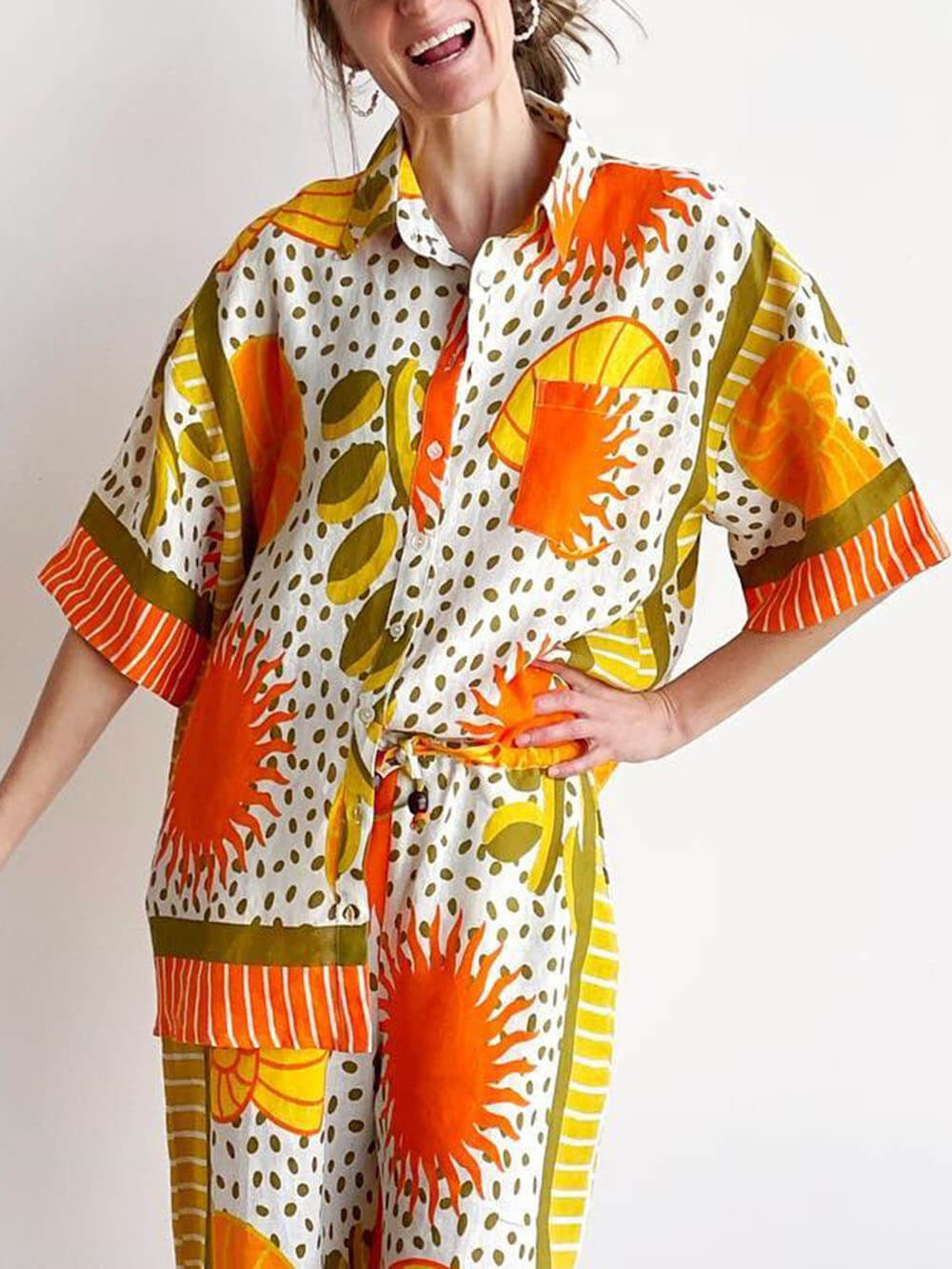 Casual Unique Satin Sun Print Loose Button Down Oversized Shirt