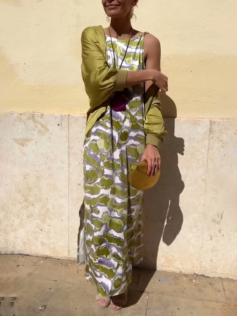 Fashion Satin Tie-Dye Printed Slit Vest Maxi Dress