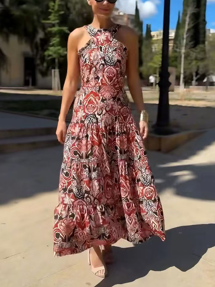 Vintage Ethnic Print Layered Midi Dress