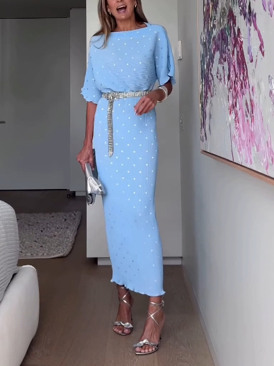 Elegant Pleated Dropped Shoulder Sleeve Maxi Dress