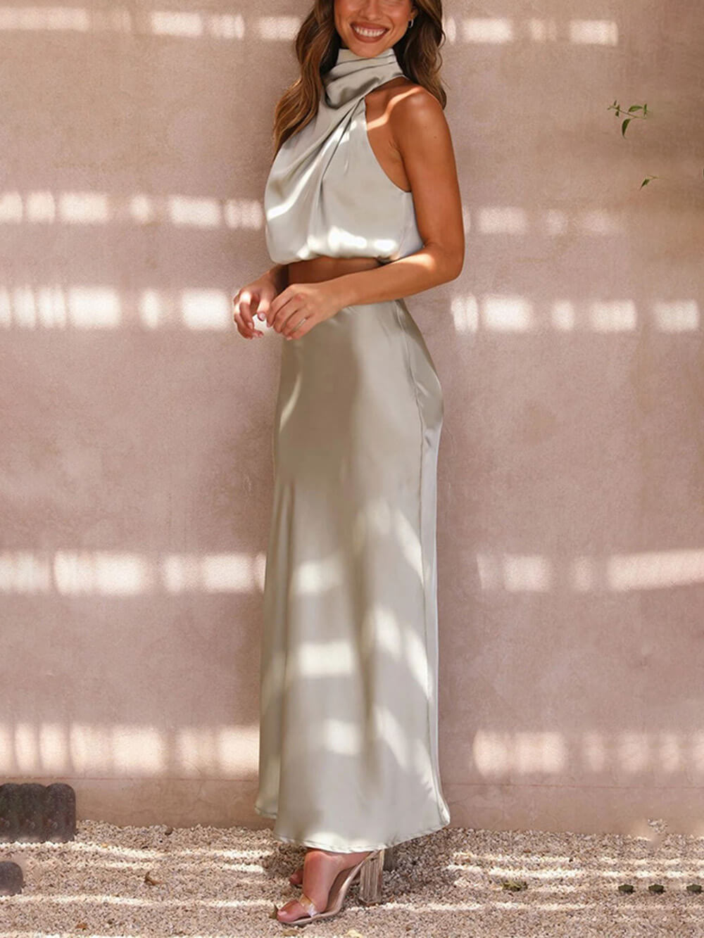 Elegant Such A Vibe High Neck Satin Drape Maxi Skirt Set