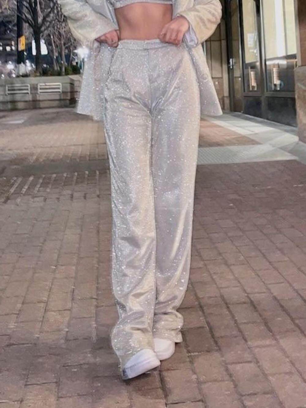Classic Fashion Sequined Loose Flared Suit Straight Pants