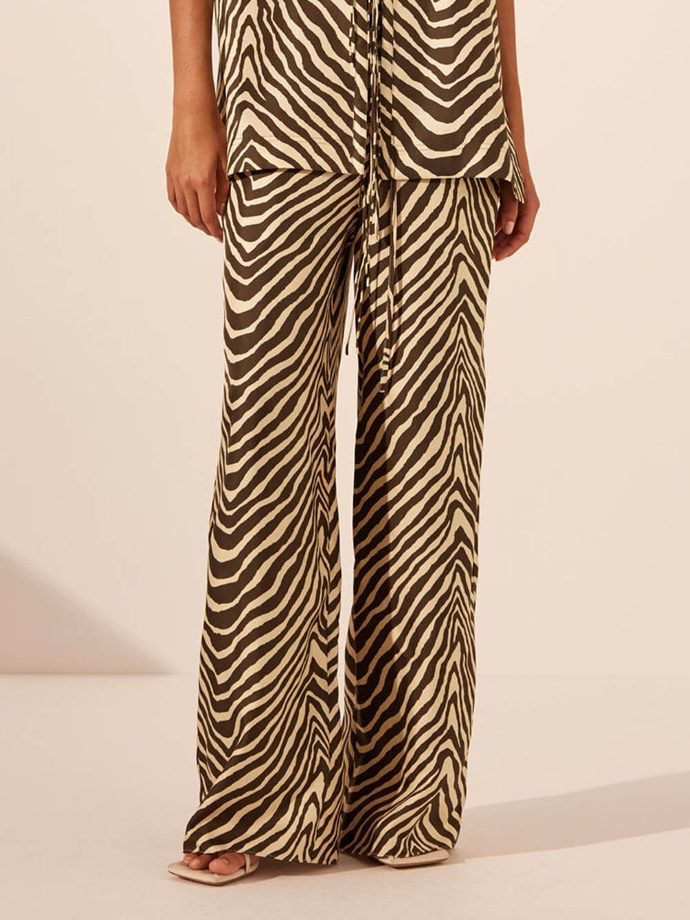 Exquisite Satin Unique Wave Pattern Print Drawstring Elastic Waist Wide Leg Pants