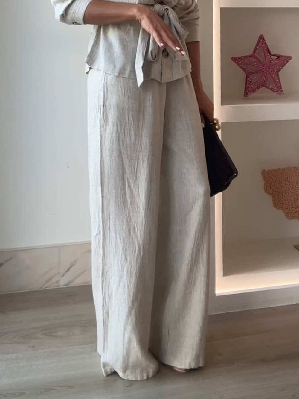 Classic Linen Elastic Waist Pocket Loose Wide Leg Pants