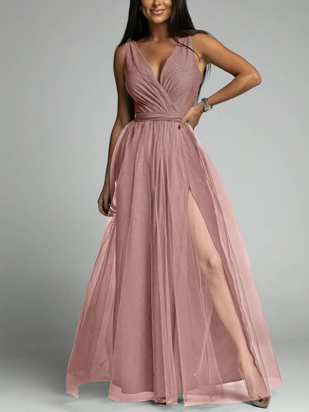 Elegant And Sexy V-Neck Waisted Slit Long Swing Maxi Dress