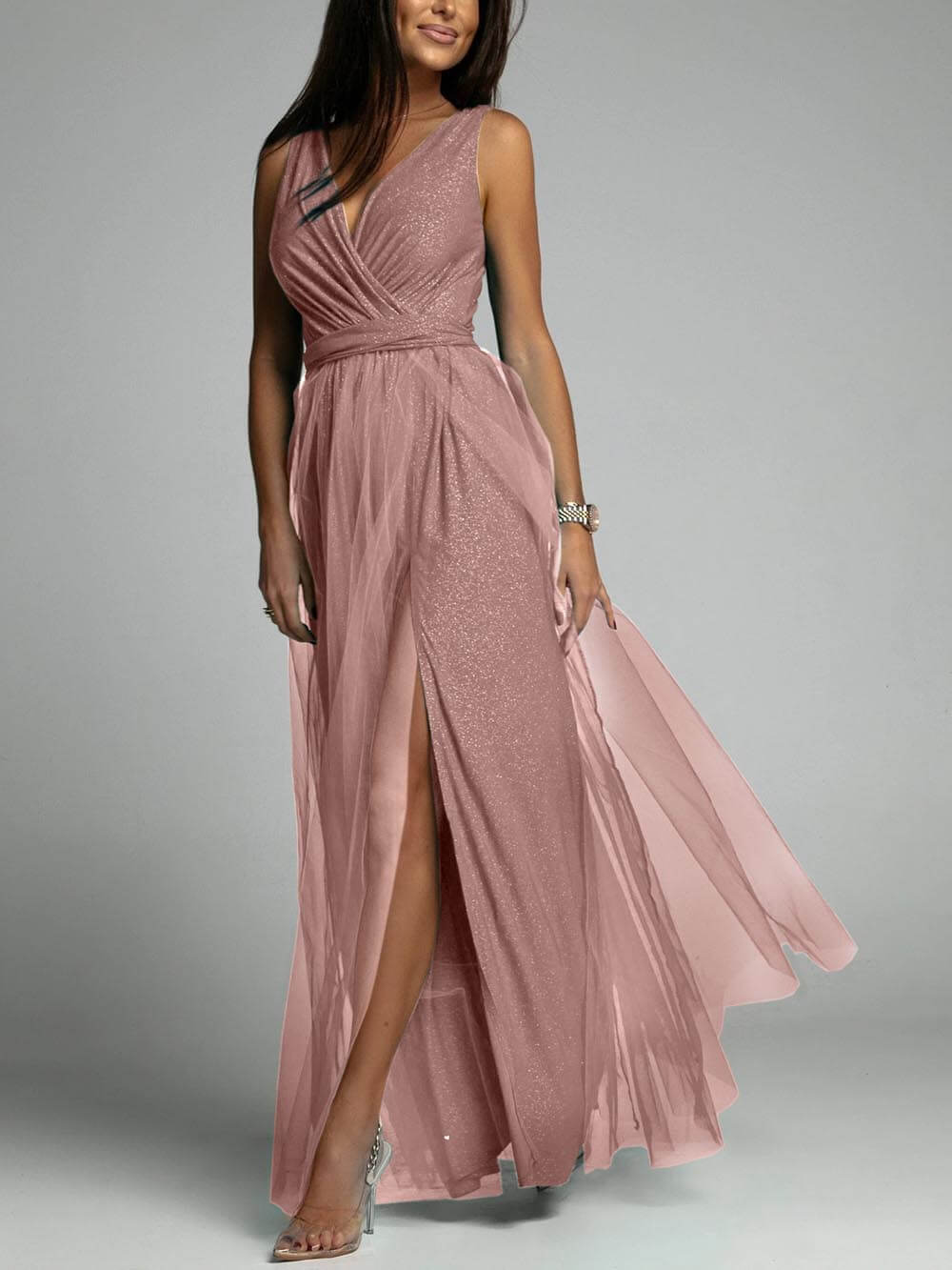 Elegant And Sexy V-Neck Waisted Slit Long Swing Maxi Dress