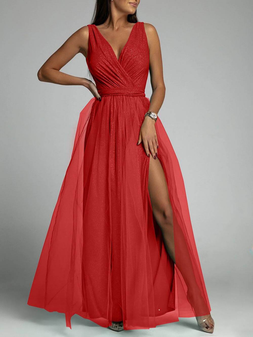 Elegant And Sexy V-Neck Waisted Slit Long Swing Maxi Dress