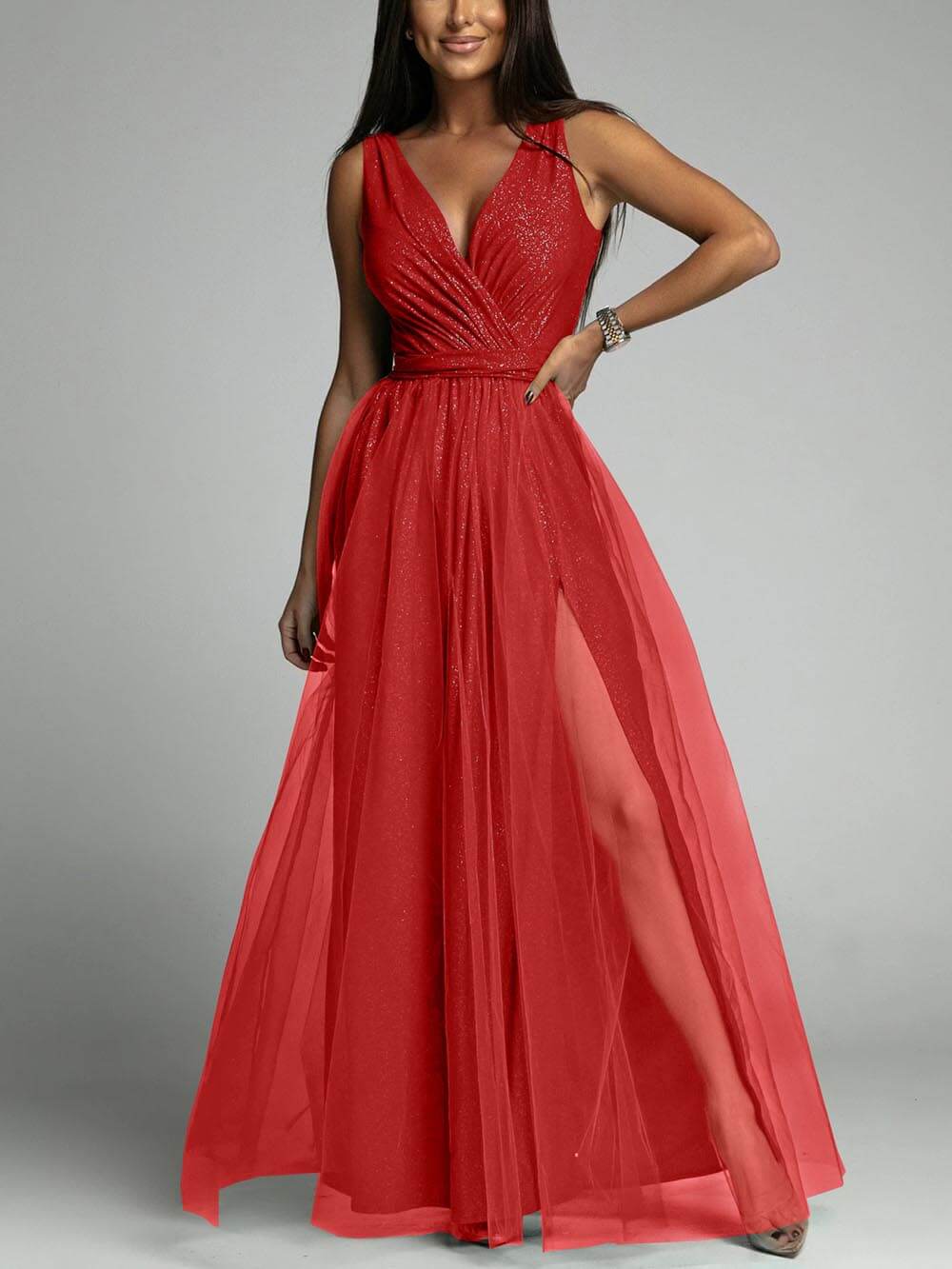 Elegant And Sexy V-Neck Waisted Slit Long Swing Maxi Dress