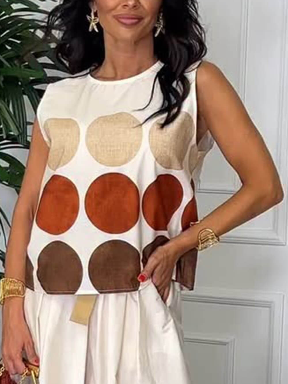 Retro Unique Circular Print Sleeveless Linen Tank Top