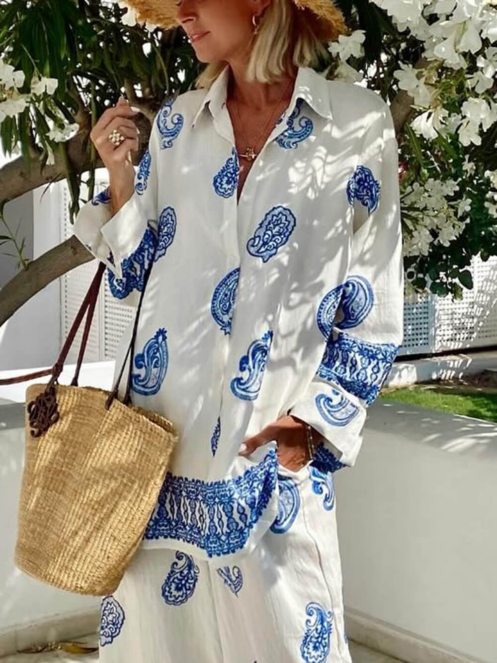 Unique Ethnic Pattern Print Loose Elastic Waist Pocket Wide-Leg Pants