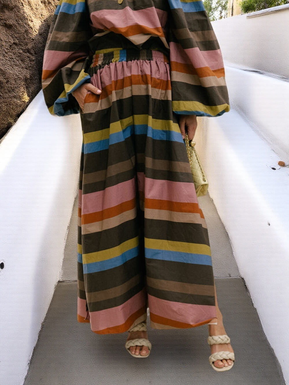 Retro Striped Print Off-Shoulder Puff Sleeve Blouse