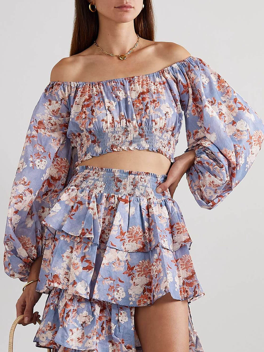 Unique Layered Floral Print Ruched Split Maxi Skirt