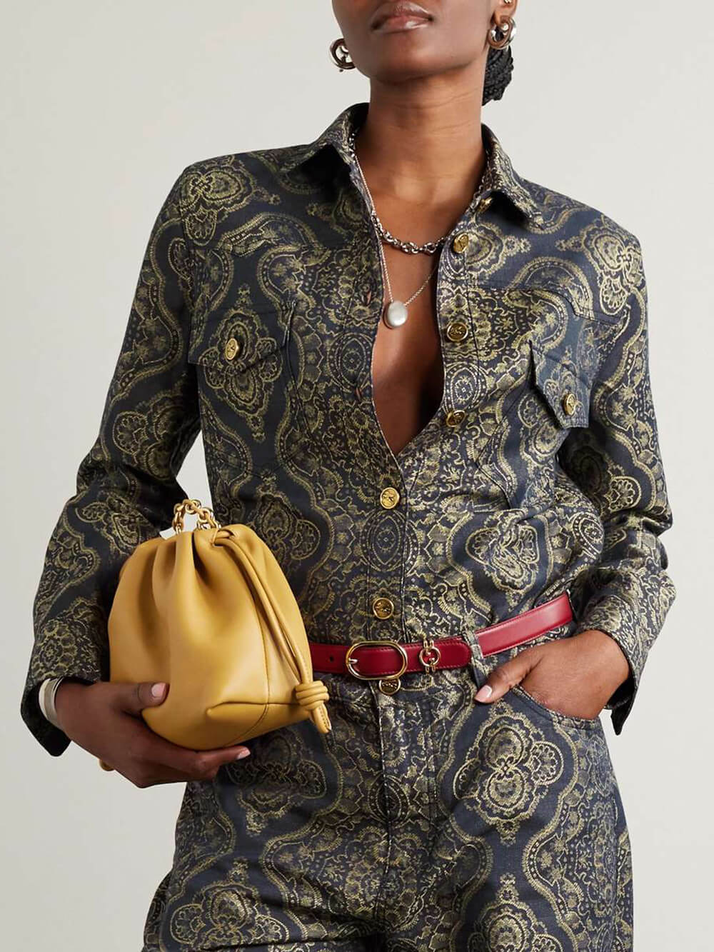 Retro Ethnic Print Denim Jacquard Button-Up Shirt