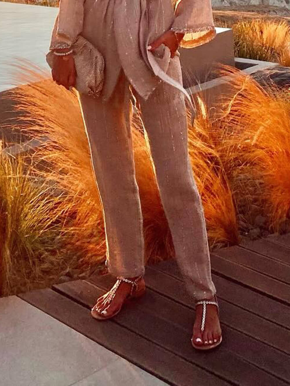 Santorini Sunset Sequin Stripe Paneled Pocket Straight Leg Pants