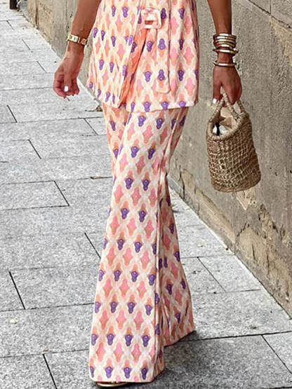 Fresh Colors Print Puff Sleeve Belted Lapel Blazer Tops