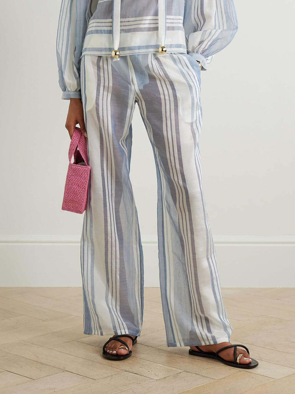Retro Striped Print Pockets Straight-Leg Pants