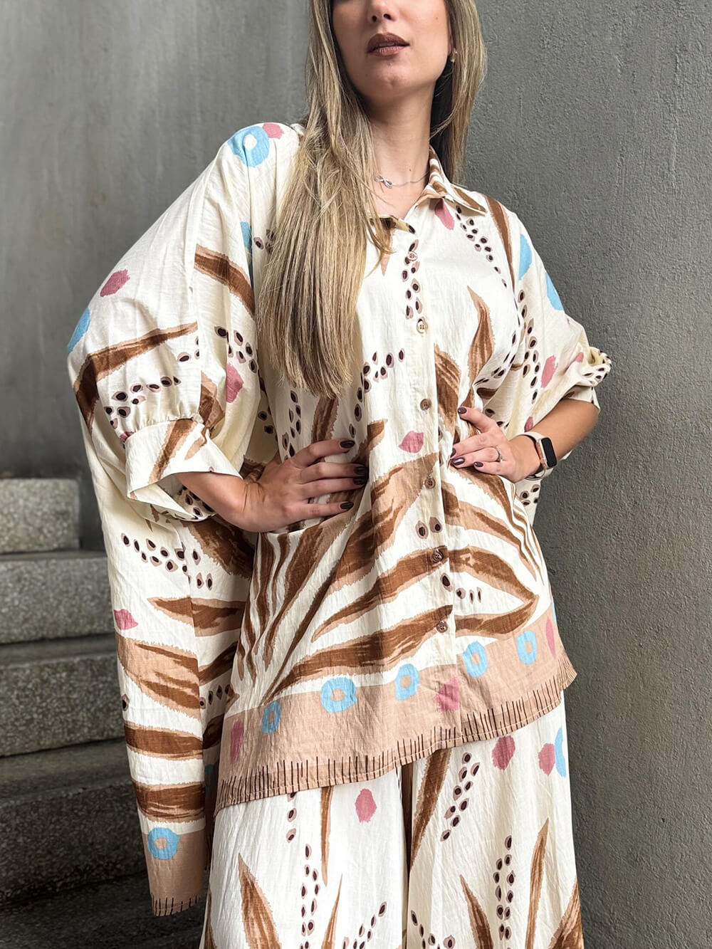 Unique Bohe Print Colorblock Drop Shoulder Sleeve Loose Fit Oversized Button Shirt