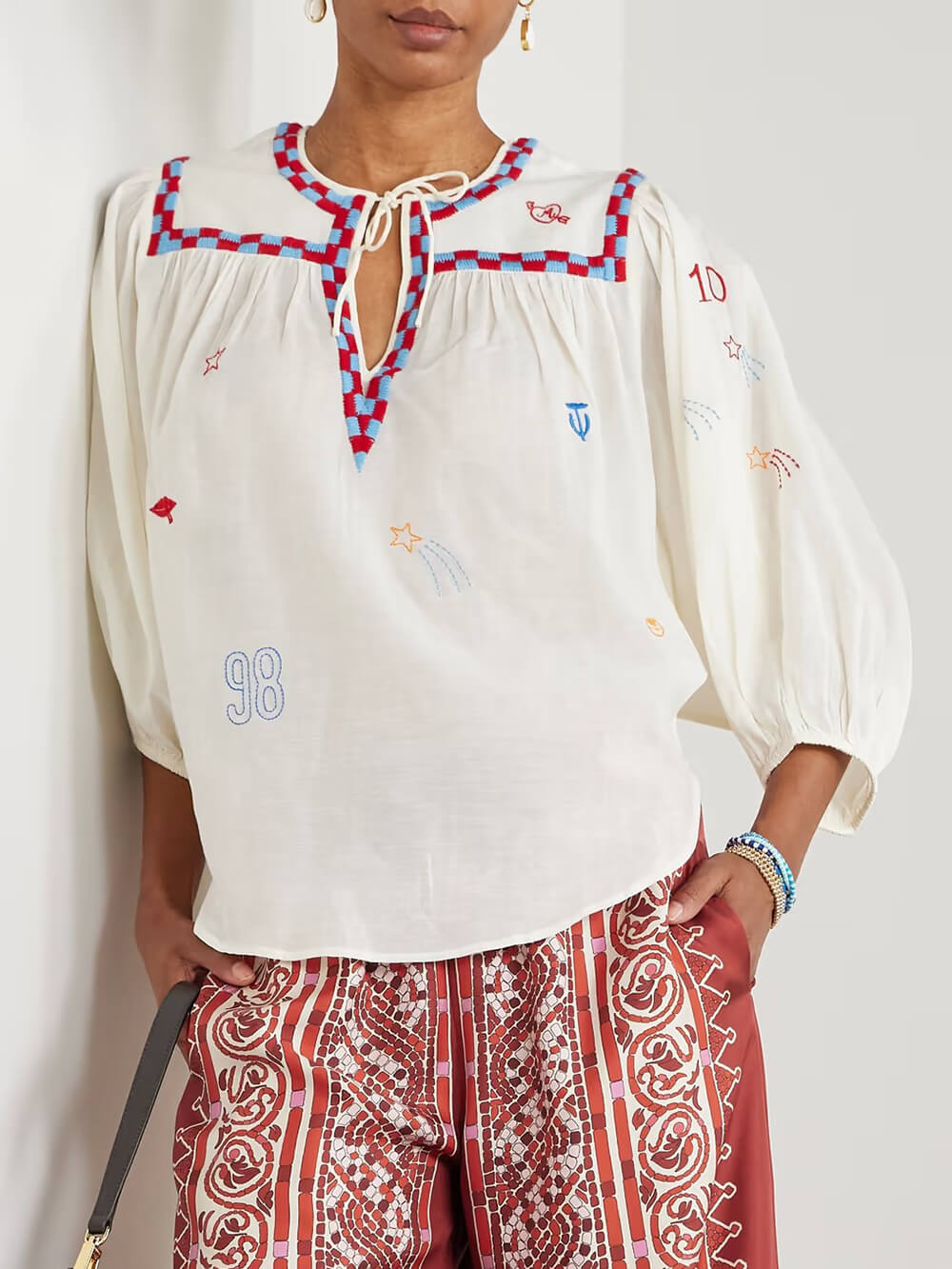 Retro Unique Print Satin Twill Wide-Leg Pants