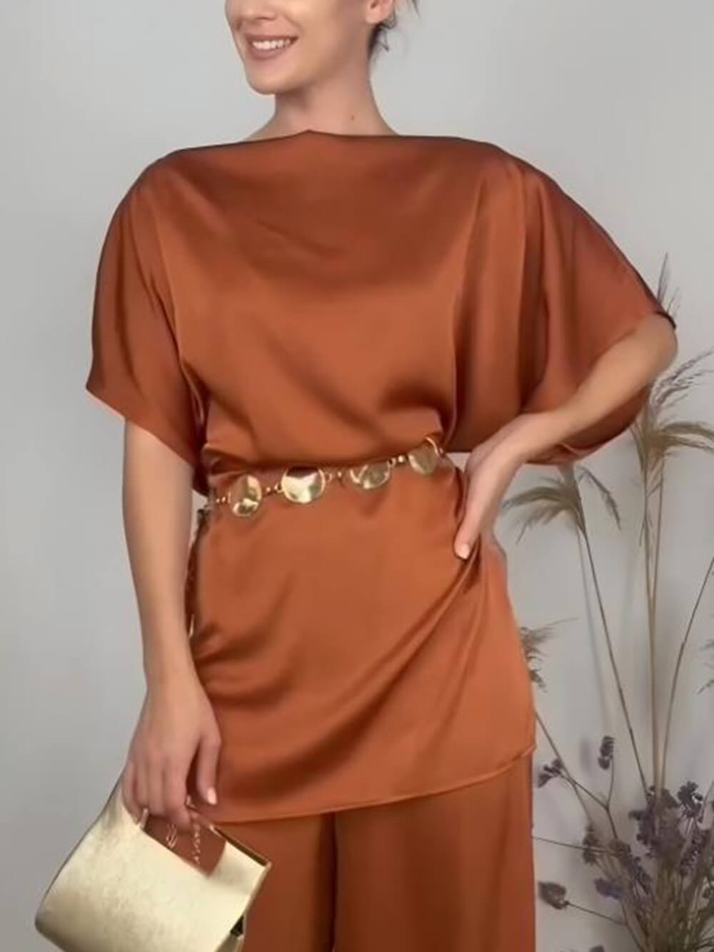 Elegant Pleated Satin High-Waisted Wide-Leg Pants