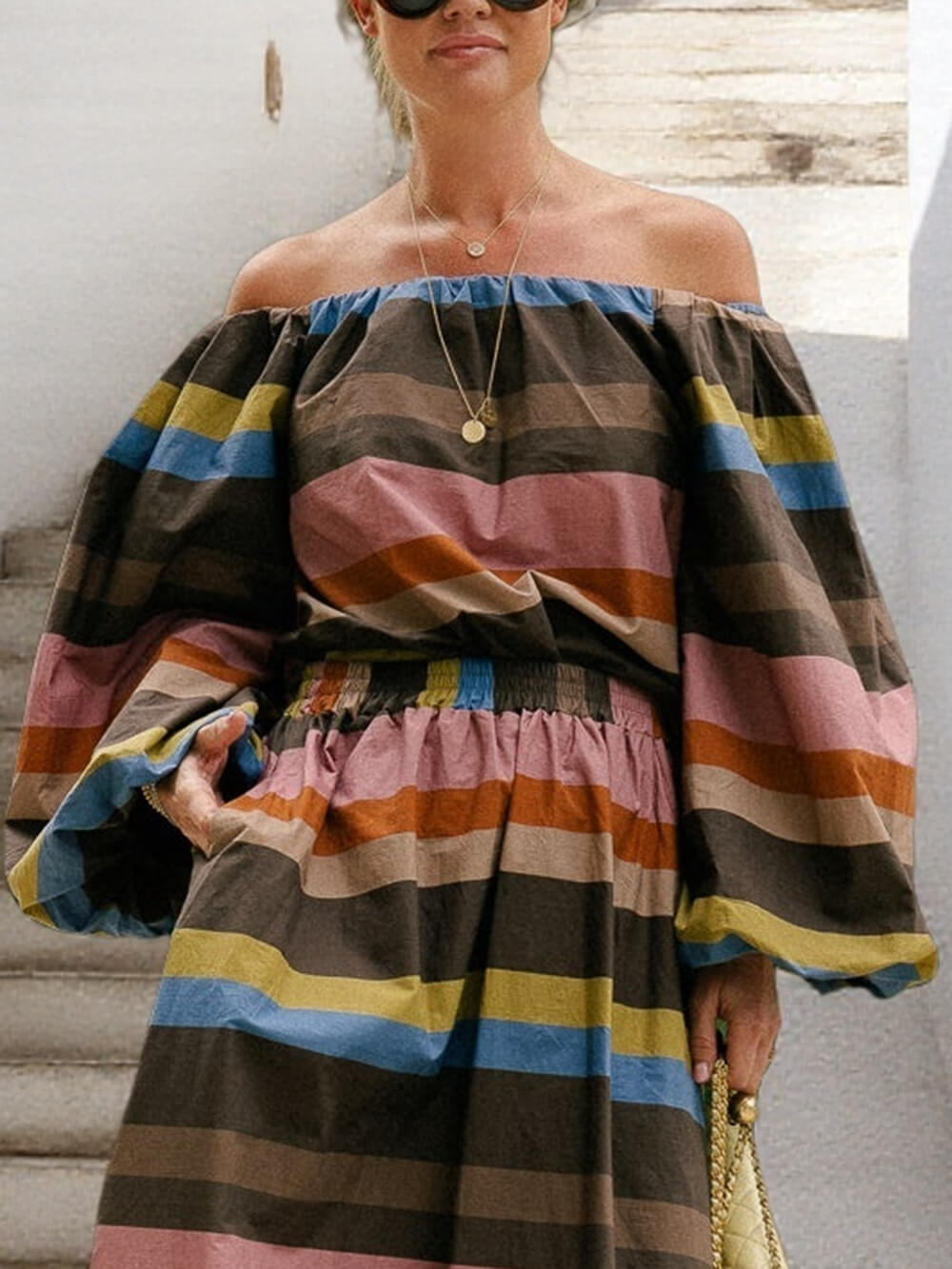 Retro Striped Print Off-Shoulder Puff Sleeve Blouse