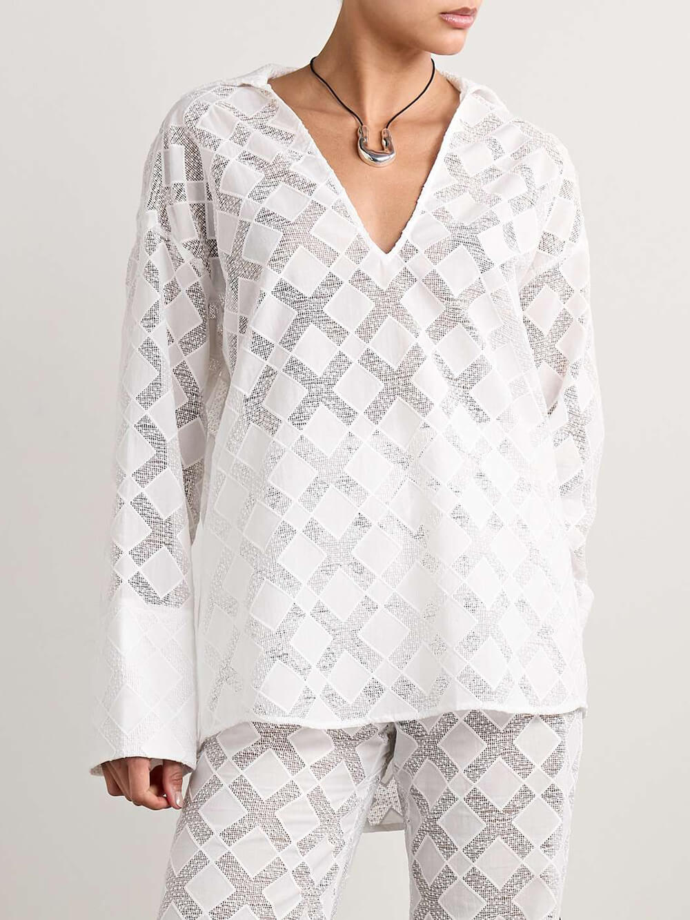 Unique Sheer Lace Panel Loose-Fit Button-Up Blouse
