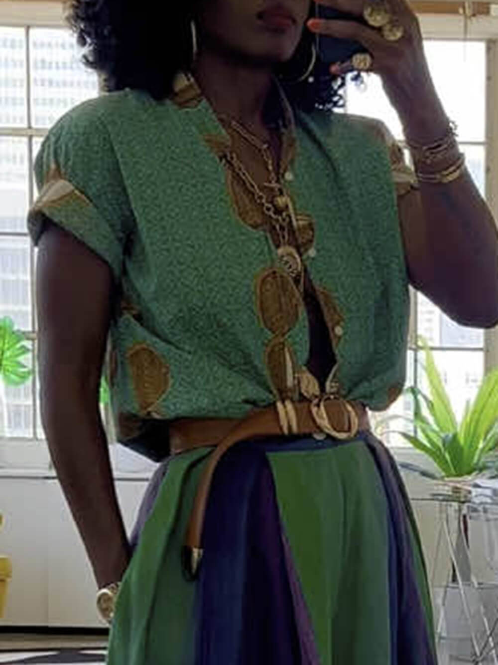 Retro Casual Crew Neck Colorblock Print Loose Top