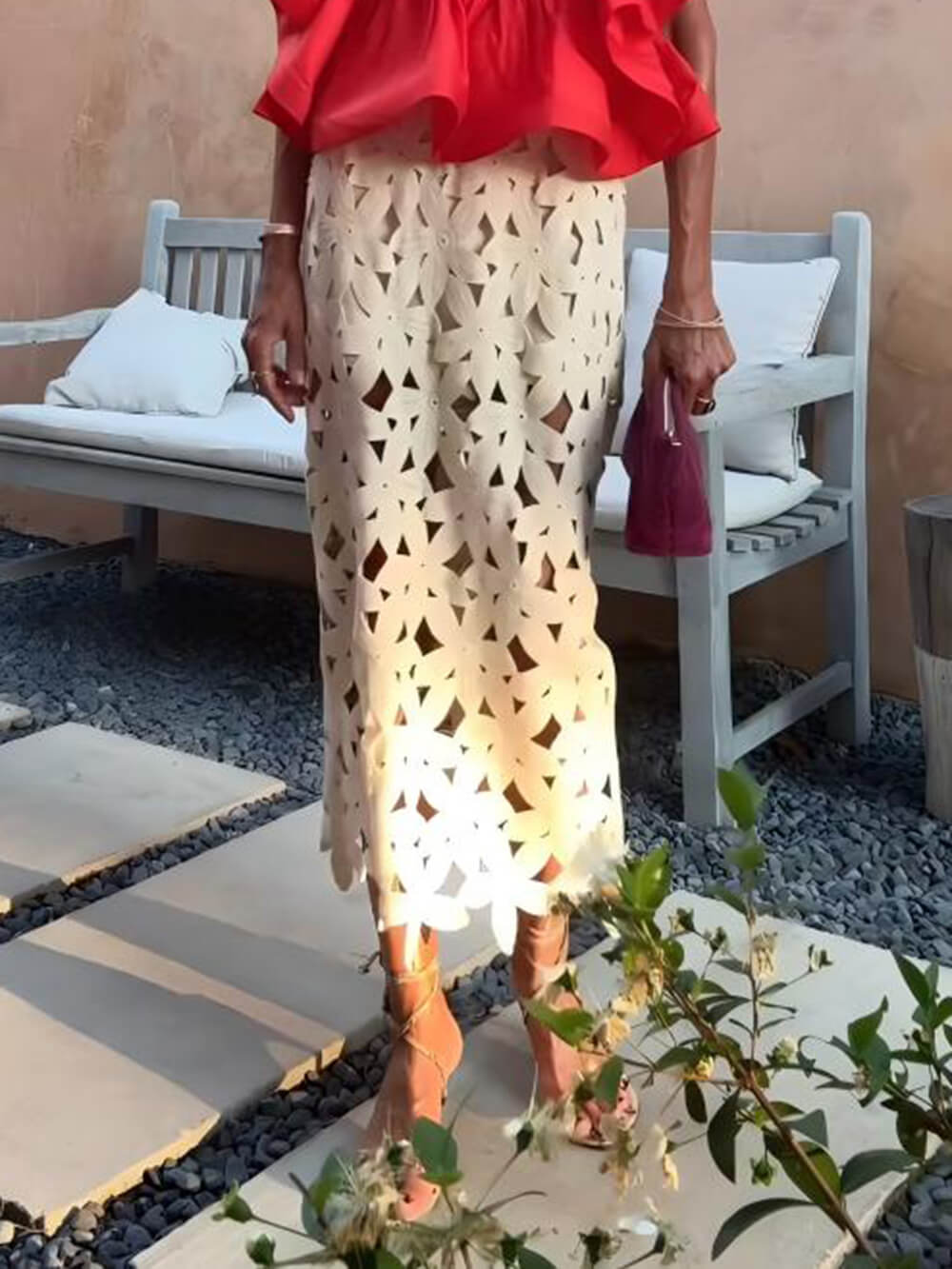 Retro Lace Floral Split Midi Skirt