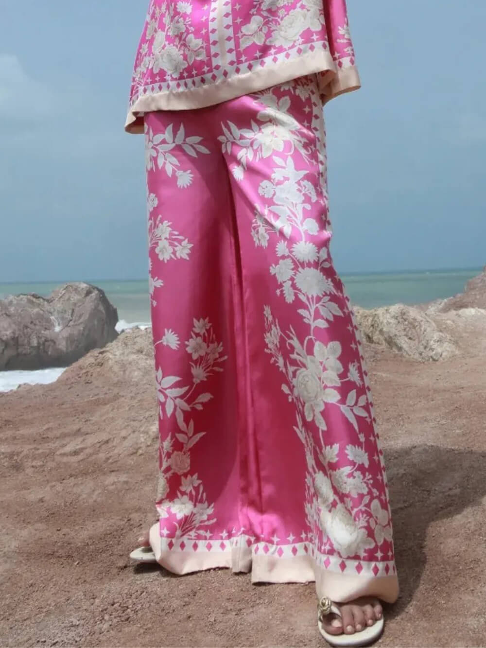 Casual Tropical Bloom Satin Floral Print Patchwork Loose Pocket Wide-Leg Pants