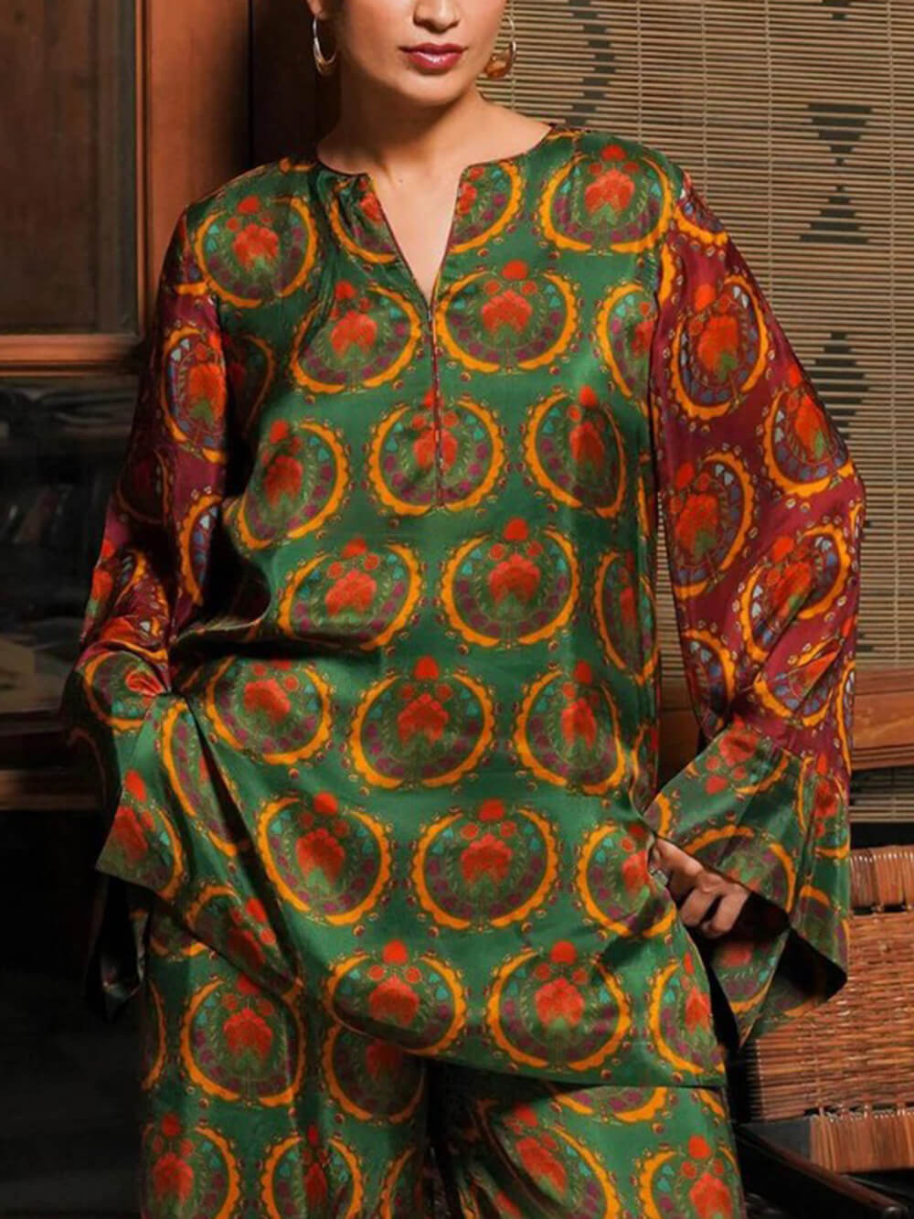 Unique Satin Bold Ethnic Print Loose Shirt