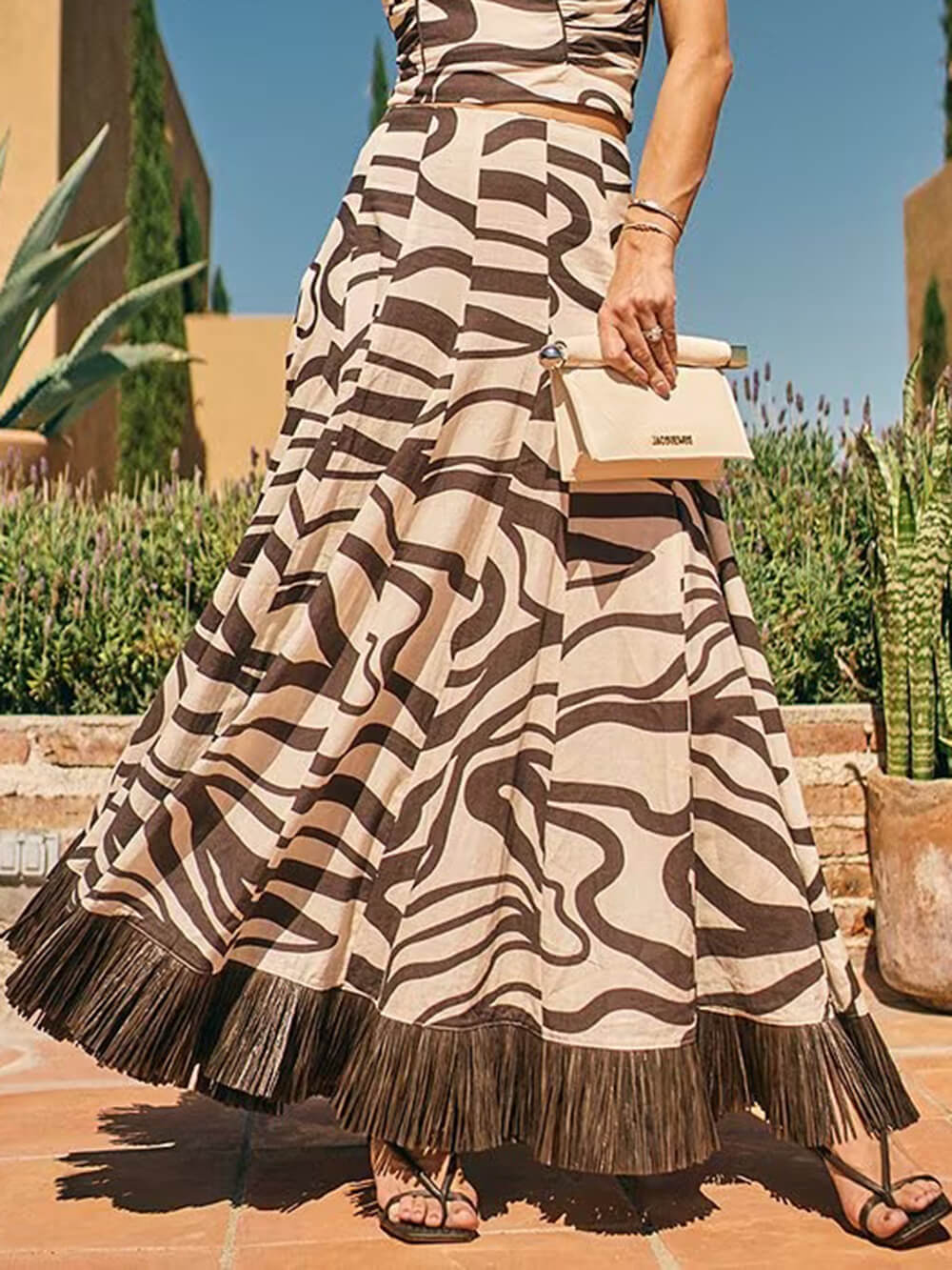 Unique Swirl Print Linen Tassel-Trimmed High-Waisted Skirt