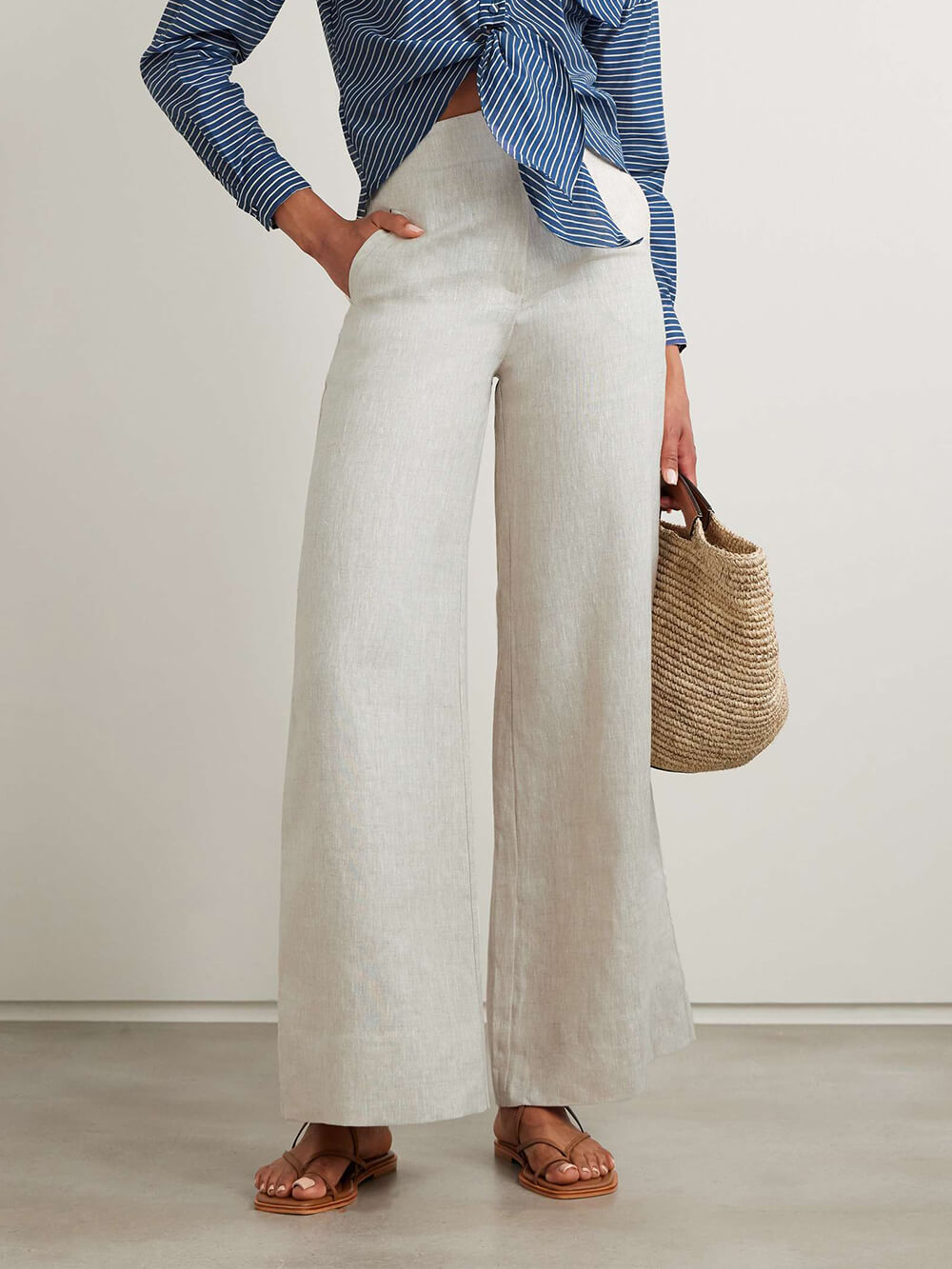 Classic Casual High-Waisted Linen Pocket Wide-Leg Pants