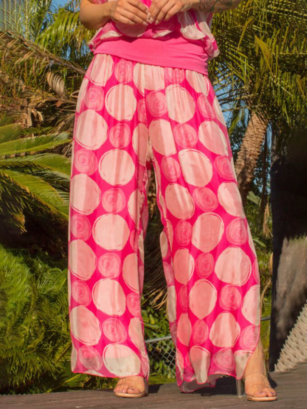 Bohemian Swirl Dot Print Elastic Waistband and Hem Side Slits Slits Pants