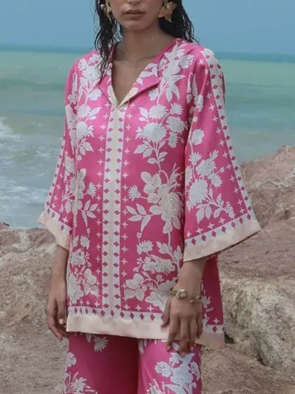 Casual Sunset Escape Satin Floral Print Patchwork Loose Mid-Length Sleeve Shirt