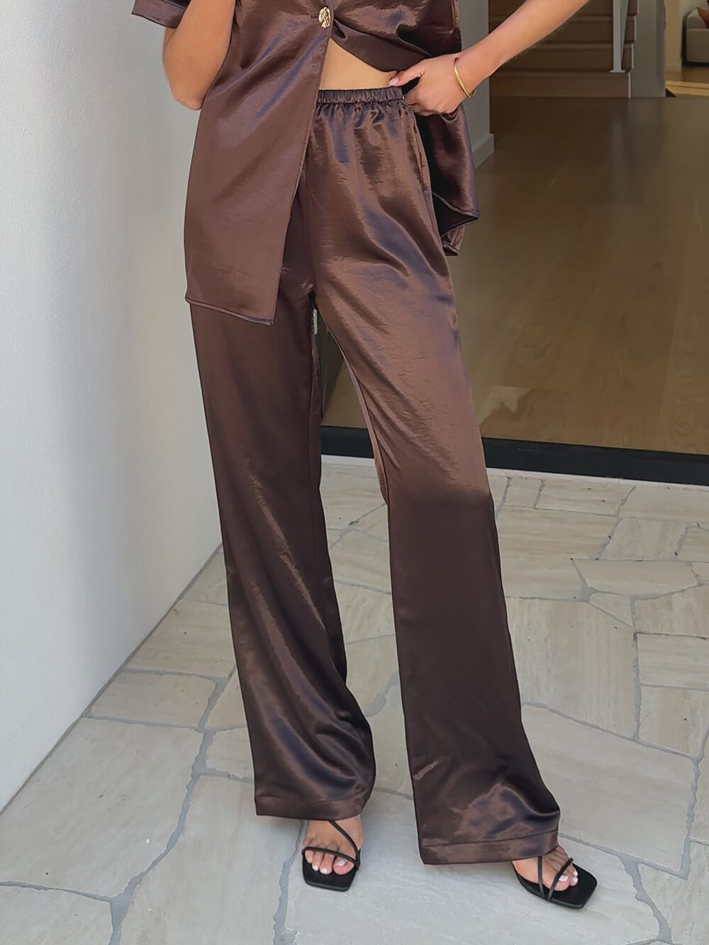 Classic Satin Elastic Waistband High Rise Loose Fit Pants
