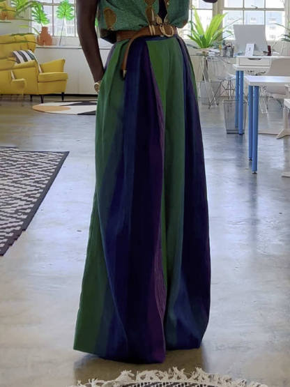 Retro Casual Contrast Colorblock Loose-Fit Wide-Leg Pants