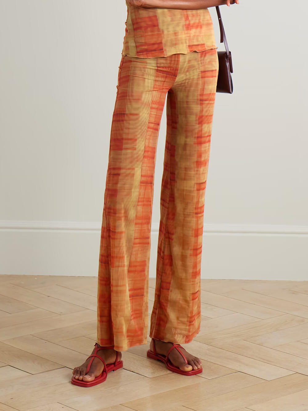 Unique Plaid Print Stretch Mesh Straight-Leg Pants